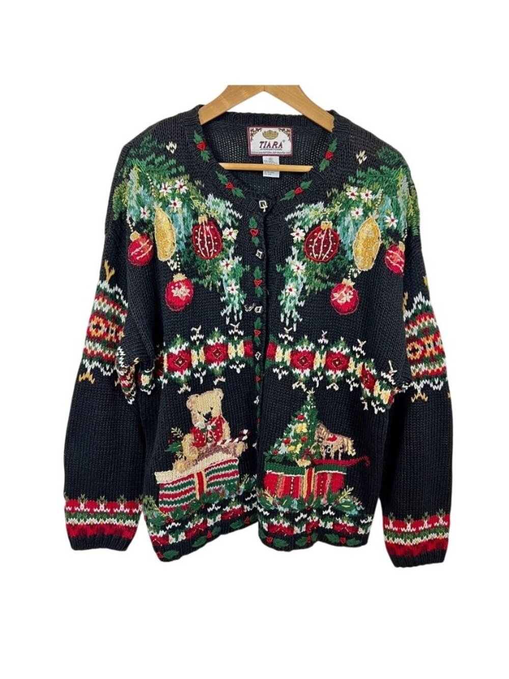 Vintage Y2K Tiara Christmas Cardigan XL Hand Embroidered Beaded Teddy Bear